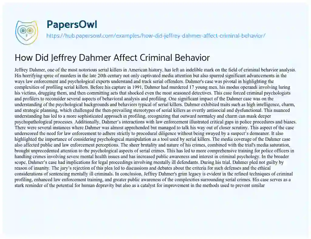 Essay on How Did Jeffrey Dahmer Affect Criminal Behavior