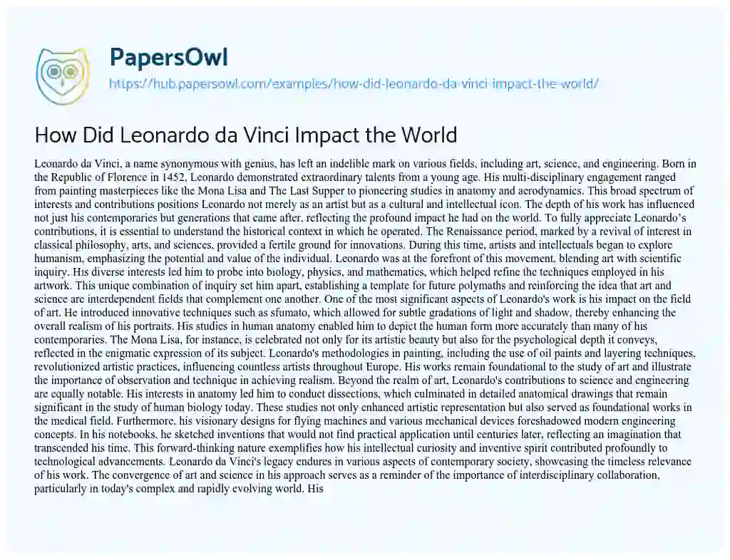 Essay on How Did Leonardo da Vinci Impact the World