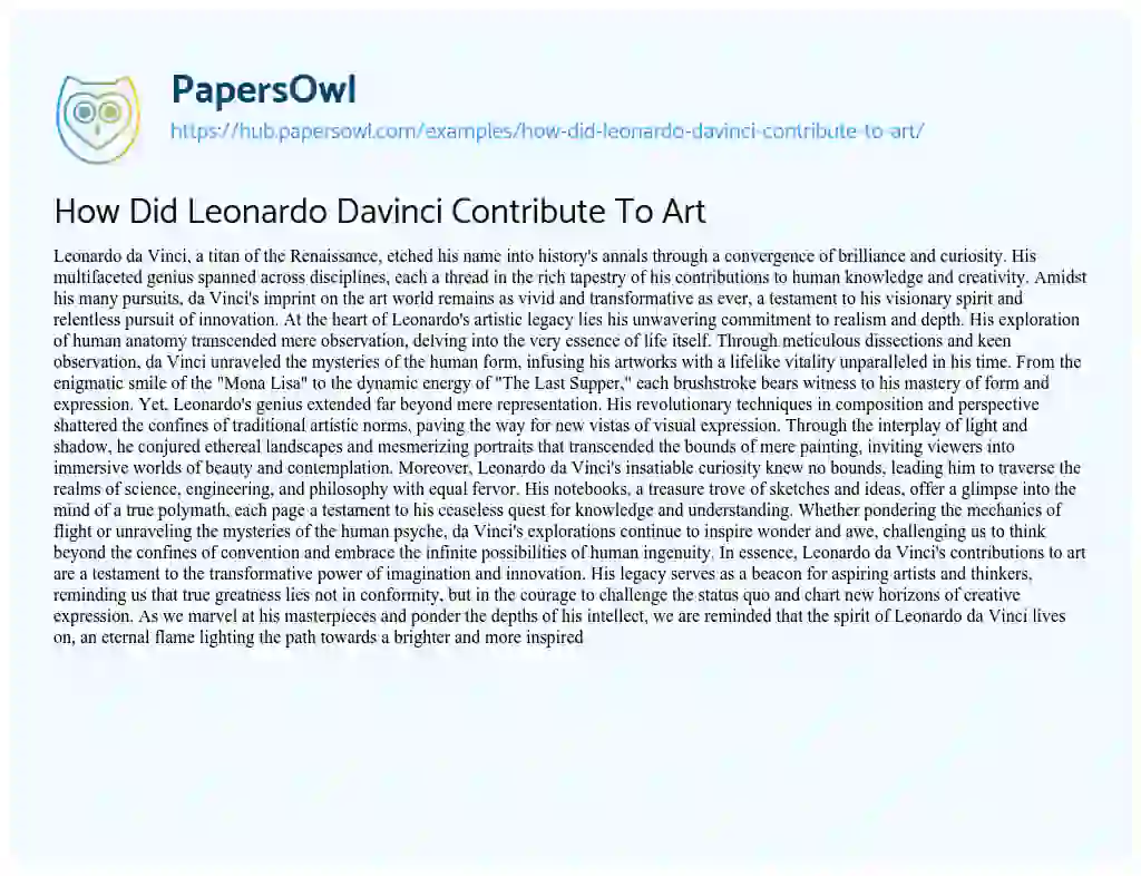 Essay on How Did Leonardo Davinci Contribute To Art