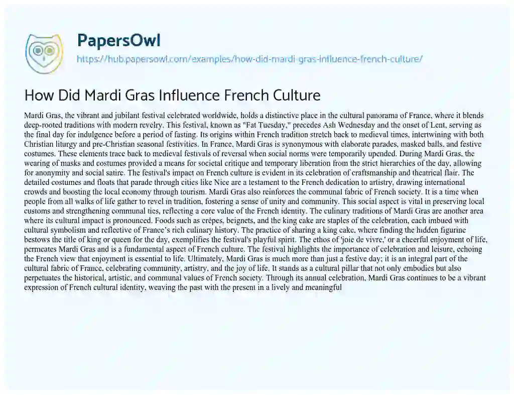 Essay on How Did Mardi Gras Influence French Culture