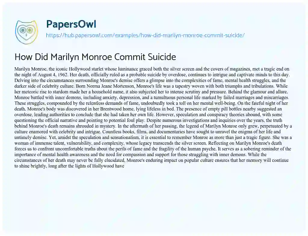 Essay on How Did Marilyn Monroe Commit Suicide