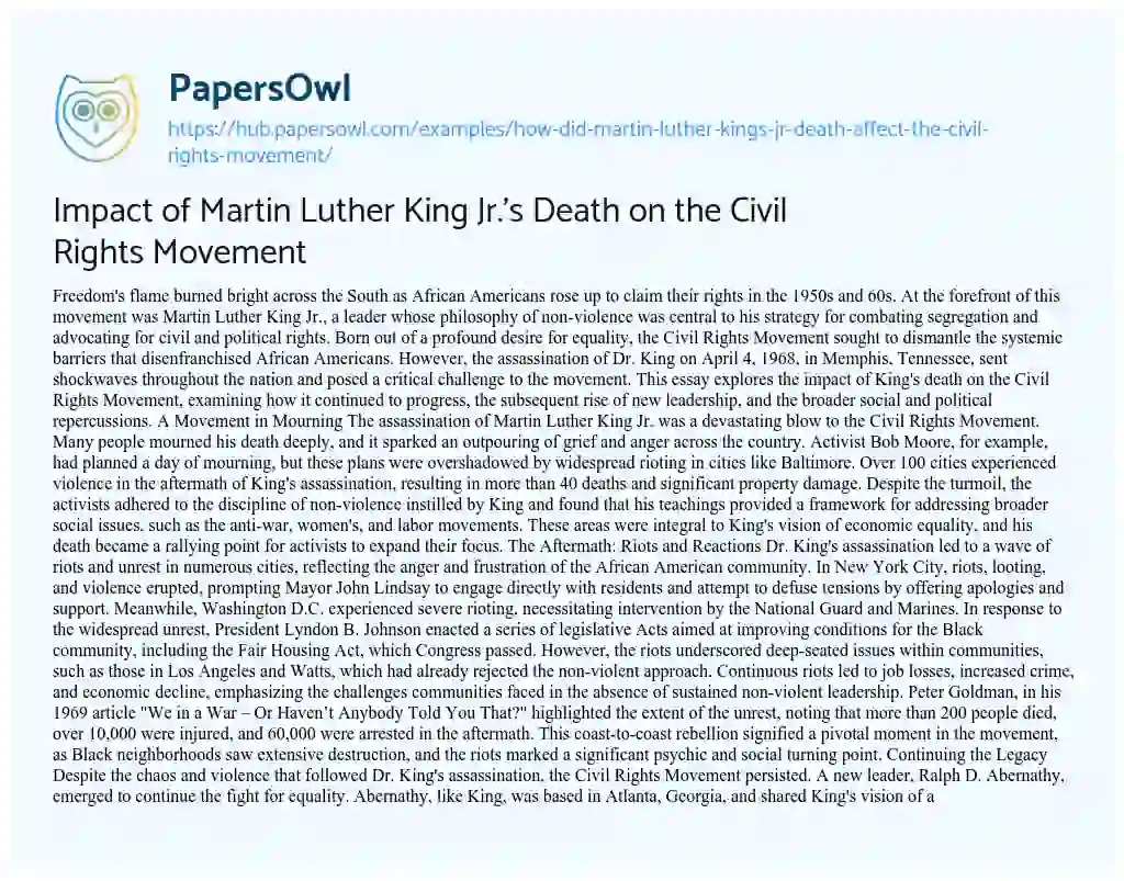 Essay on Impact of Martin Luther King Jr.’s Death on the Civil Rights Movement