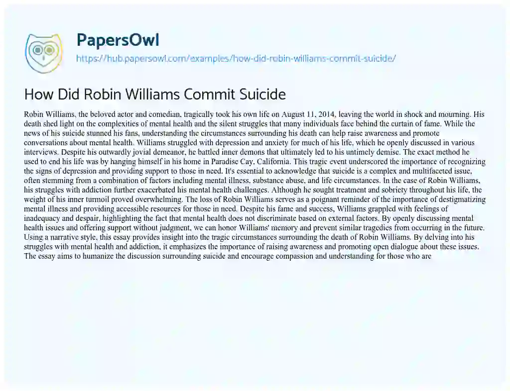 Essay on How Did Robin Williams Commit Suicide