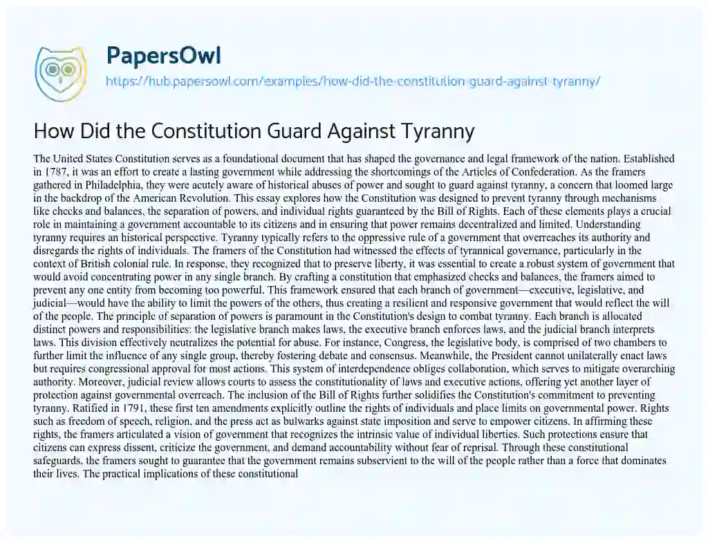 Essay on How Did the Constitution Guard Against Tyranny
