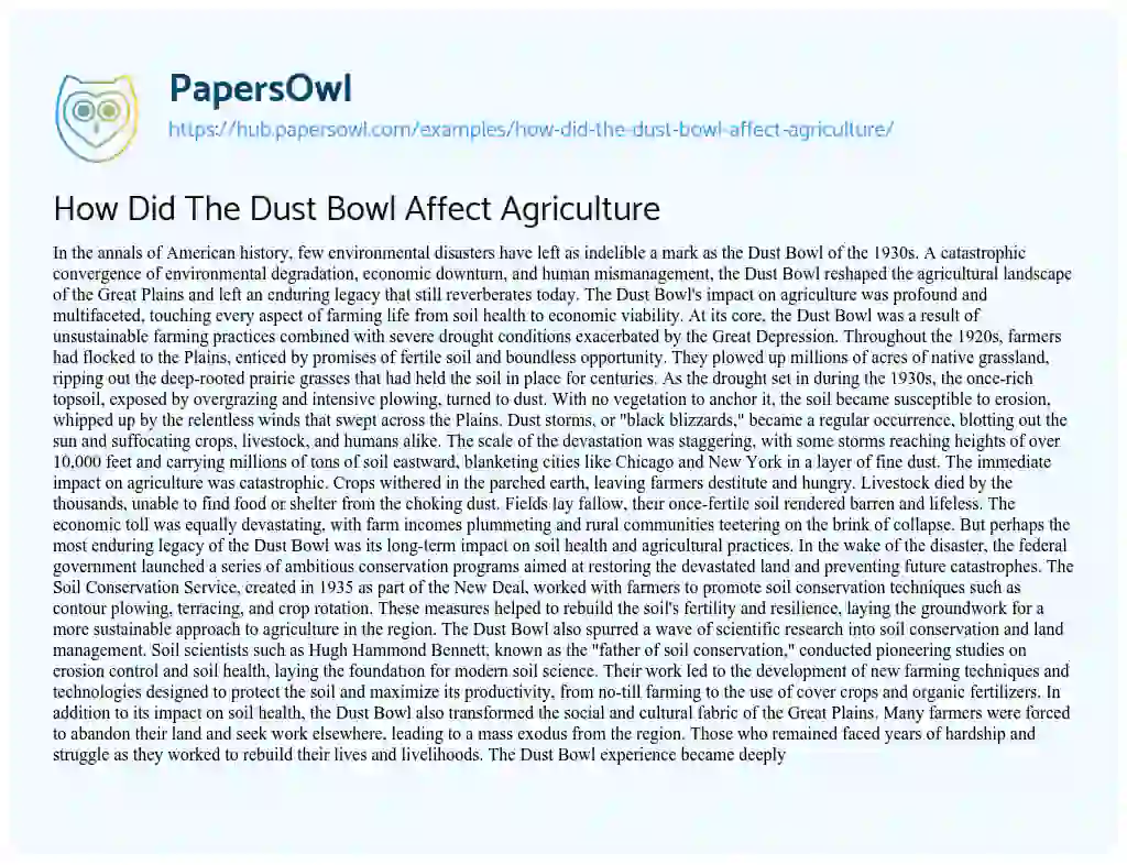 Essay on How Did The Dust Bowl Affect Agriculture