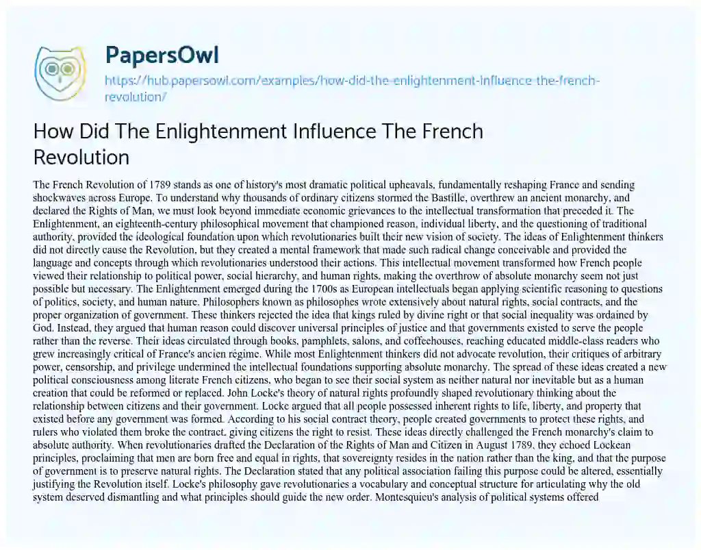Essay on How Did The Enlightenment Influence The French Revolution