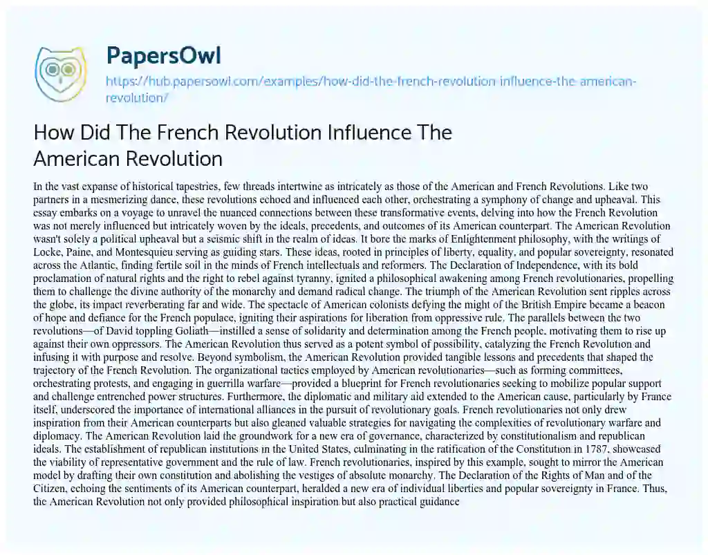Essay on How Did The French Revolution Influence The American Revolution