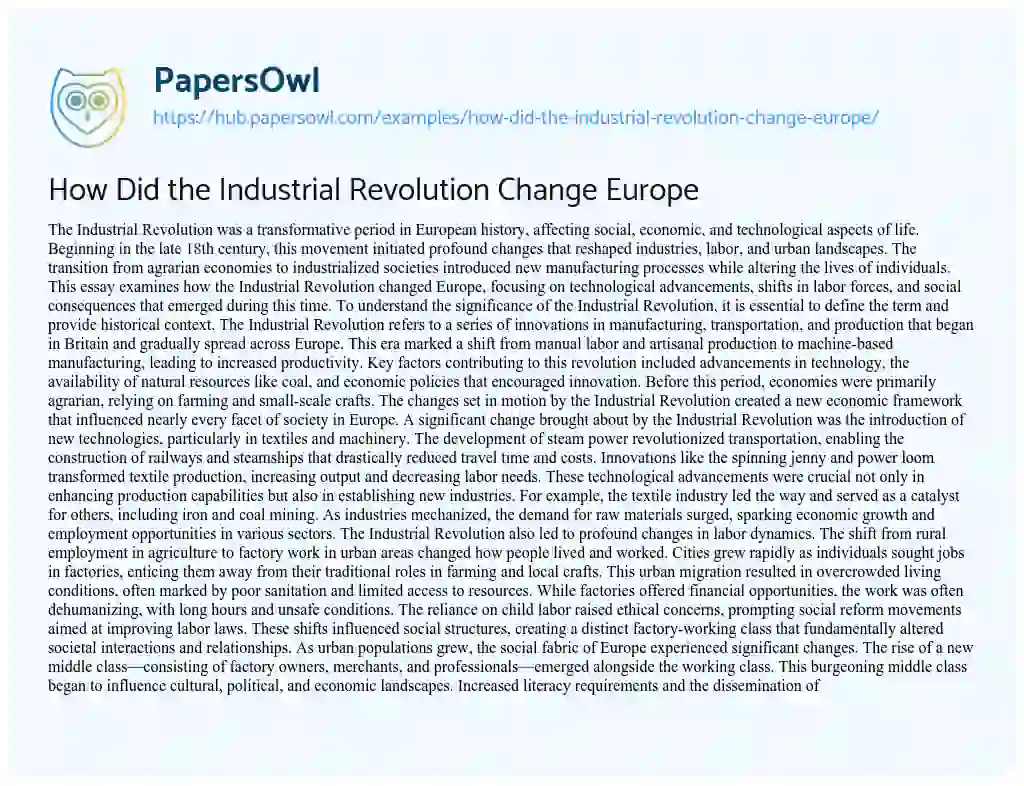 Essay on How Did the Industrial Revolution Change Europe