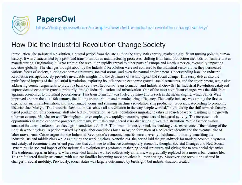Essay on How Did the Industrial Revolution Change Society