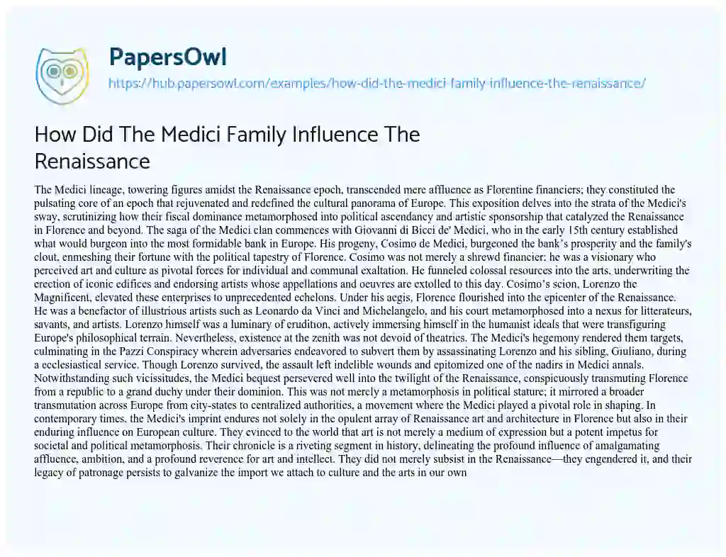 Essay on How Did The Medici Family Influence The Renaissance