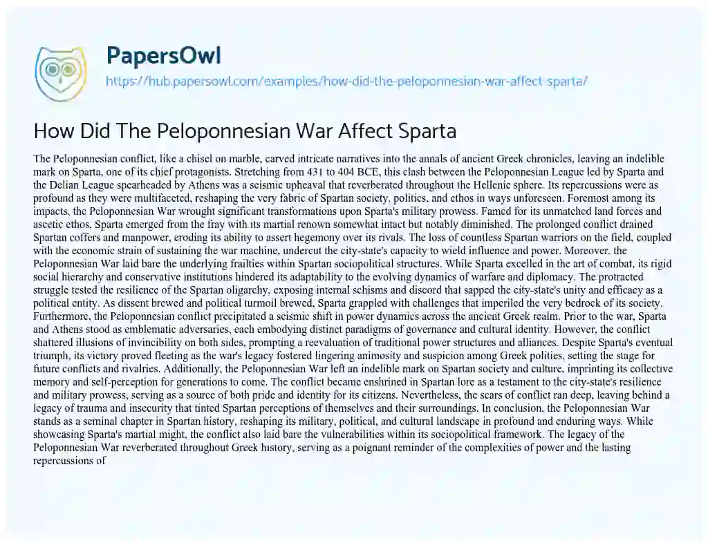 Essay on How Did The Peloponnesian War Affect Sparta