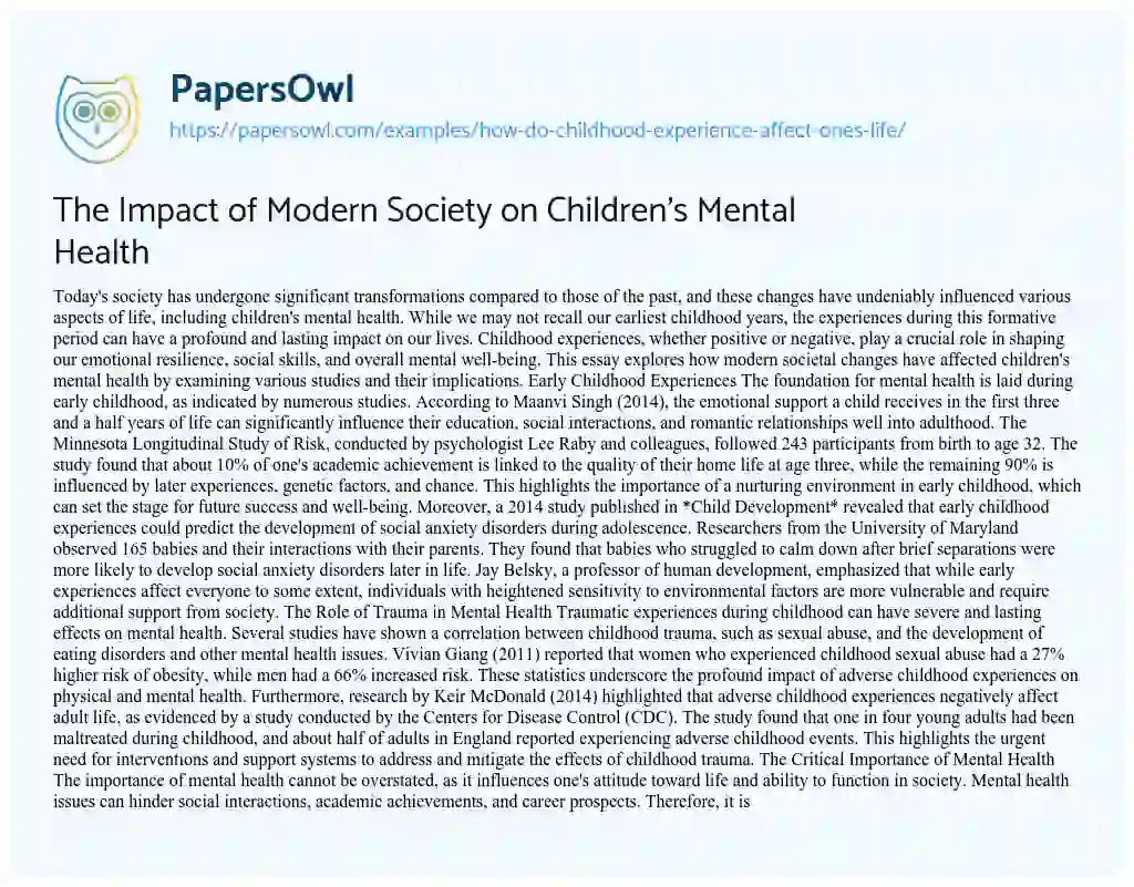 Essay on The Impact of Modern Society on Children’s Mental Health