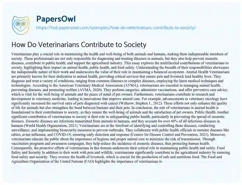 Essay on How Do Veterinarians Contribute to Society