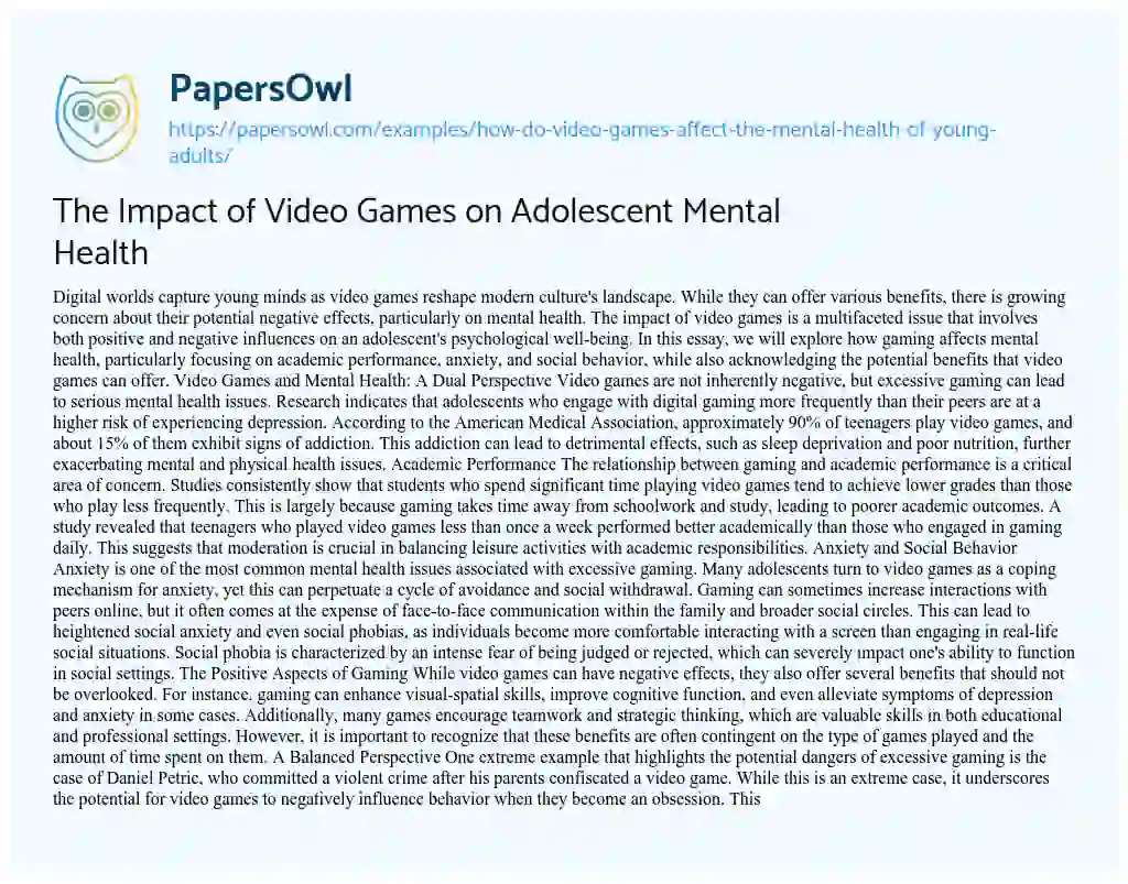 Essay on The Impact of Video Games on Adolescent Mental Health