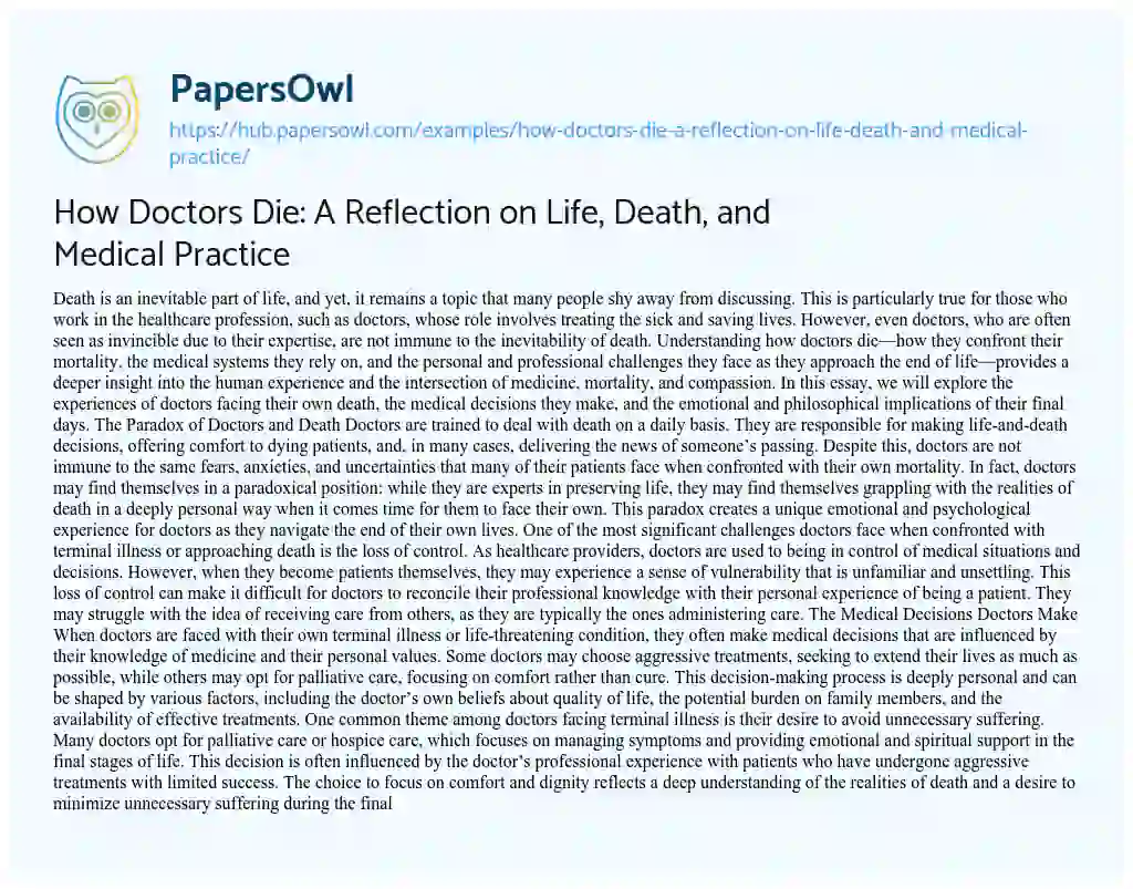 Essay on How Doctors Die: A Reflection on Life, Death, and Medical Practice