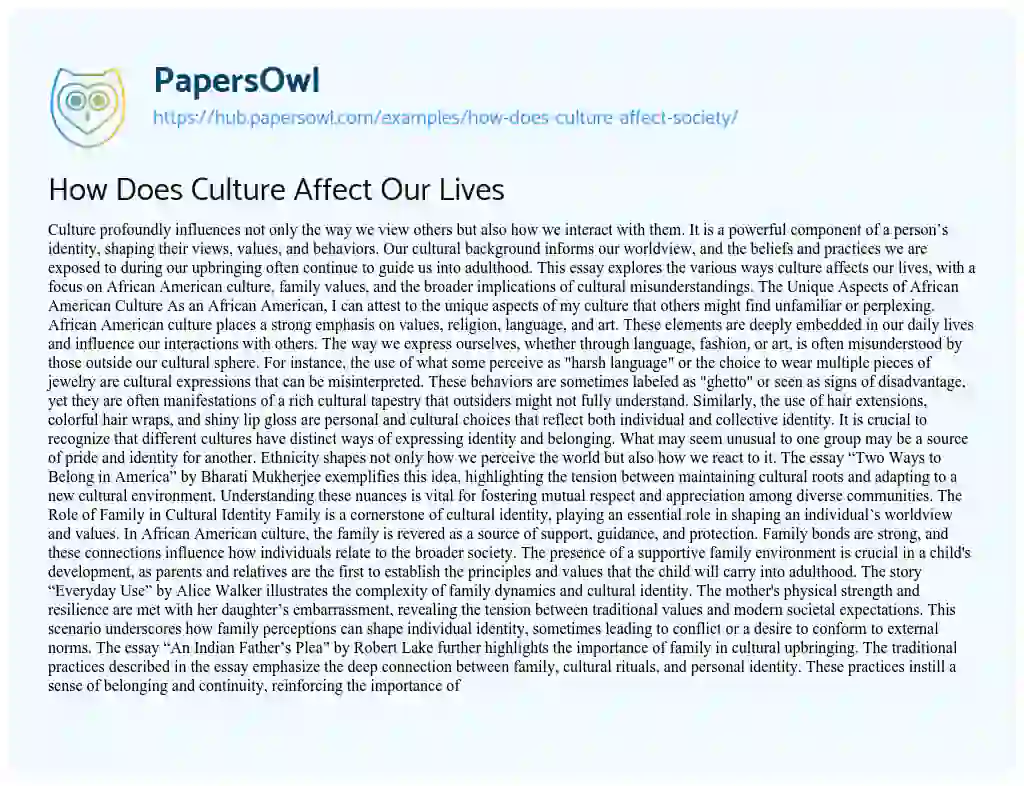 Essay on How Does Culture Affect Our Lives
