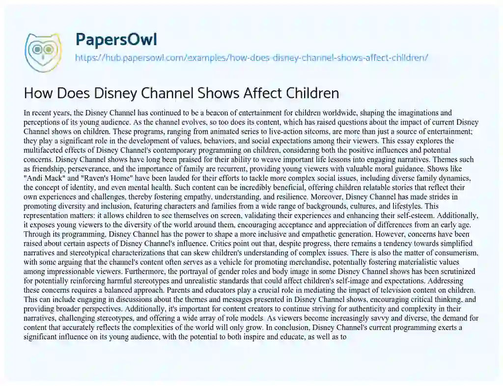 Essay on How Does Disney Channel Shows Affect Children