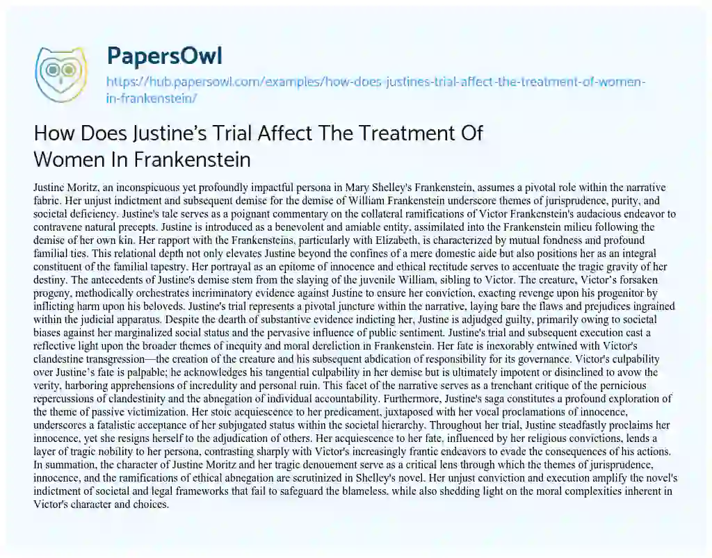 Essay on How Does Justine’s Trial Affect The Treatment Of Women In Frankenstein