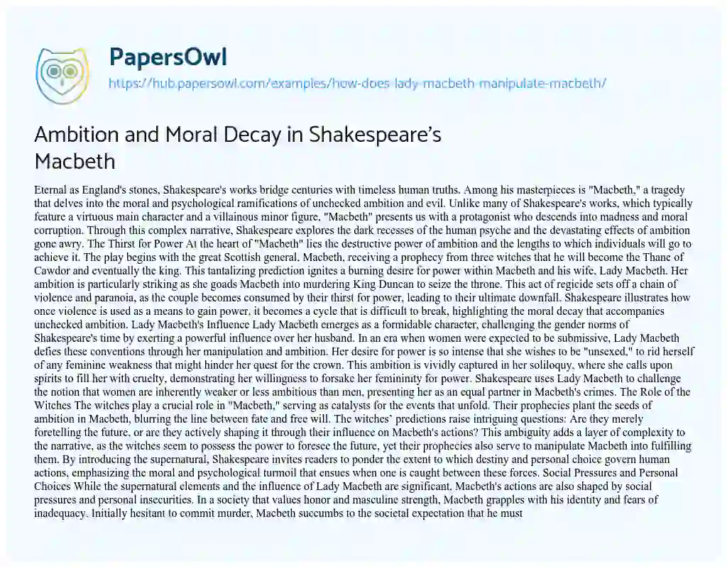 Essay on Ambition and Moral Decay in Shakespeare’s Macbeth