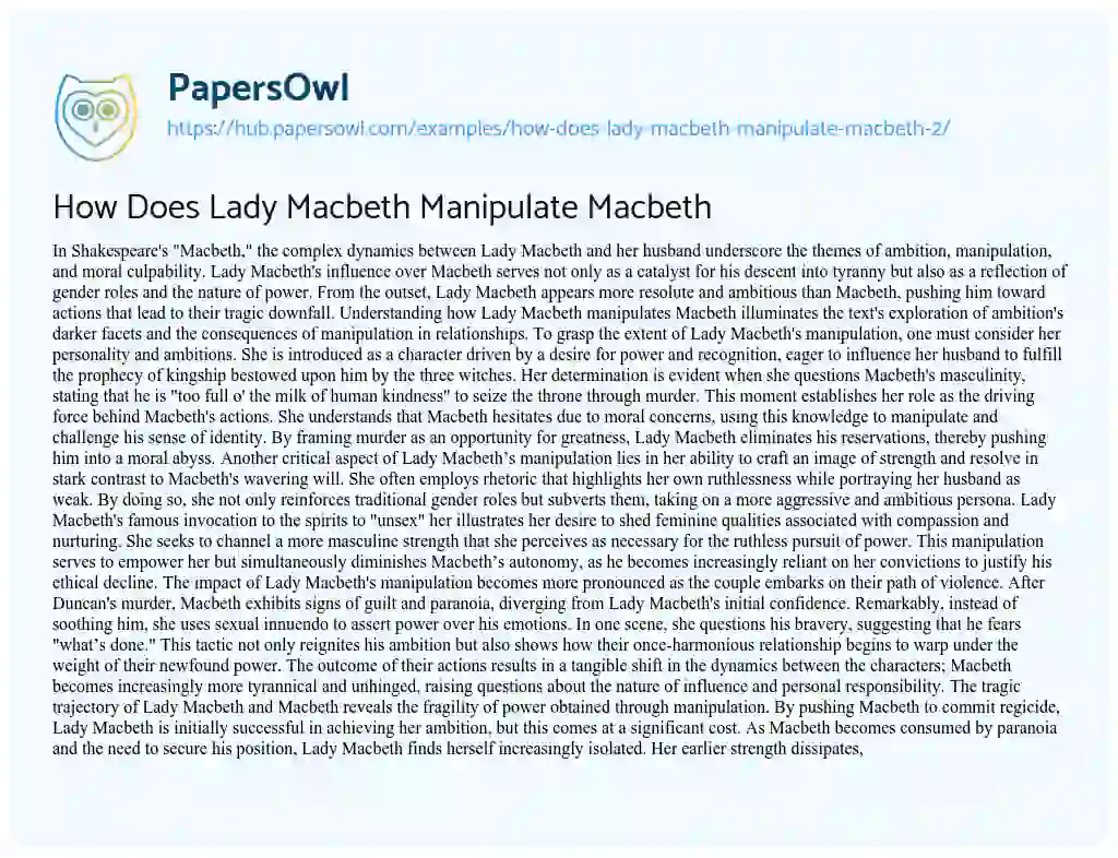Essay on How Does Lady Macbeth Manipulate Macbeth