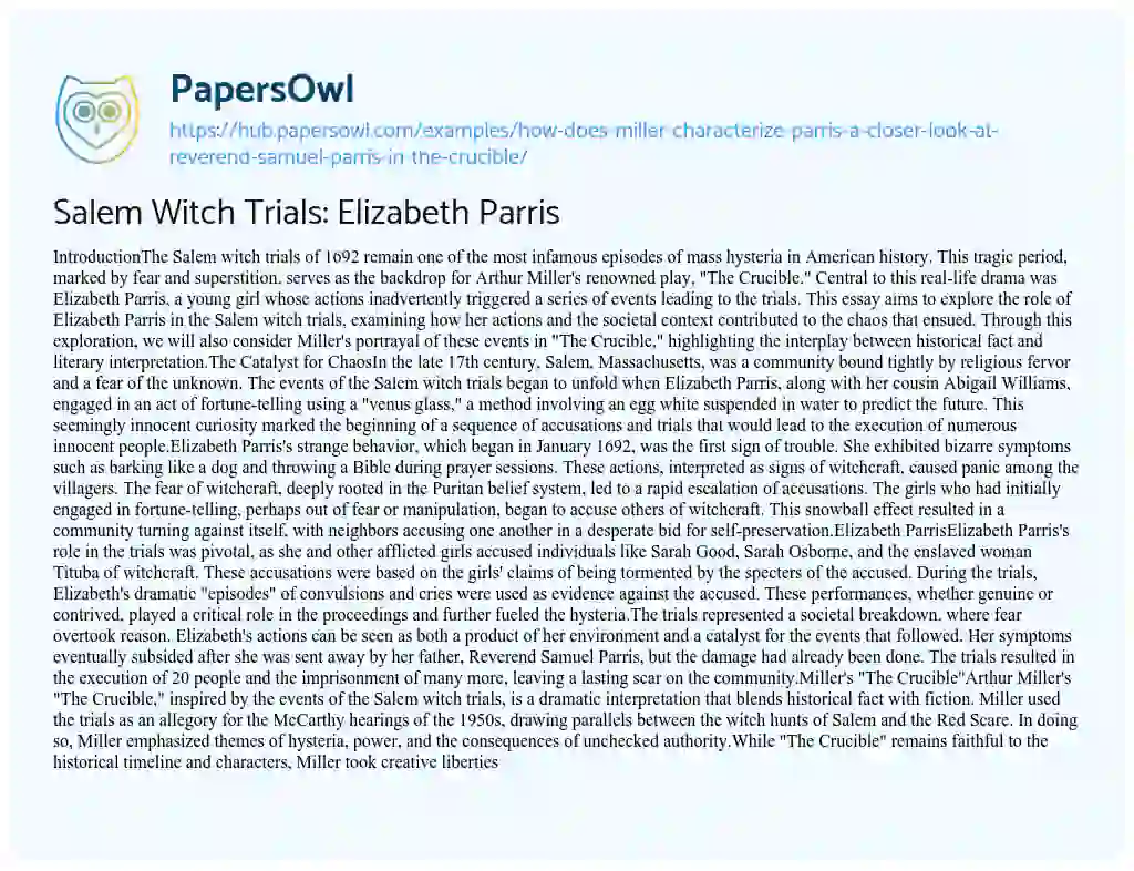 Essay on Salem Witch Trials: Elizabeth Parris