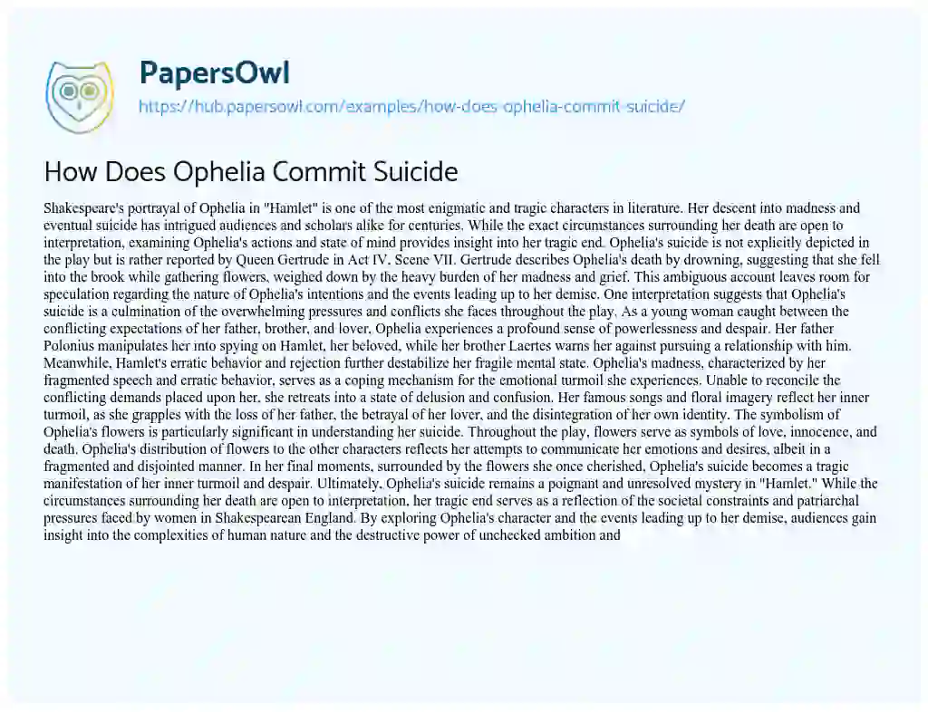Essay on How Does Ophelia Commit Suicide