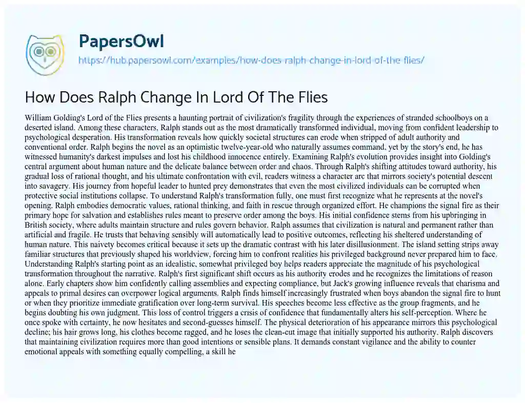 Essay on How Does Ralph Change In Lord Of The Flies