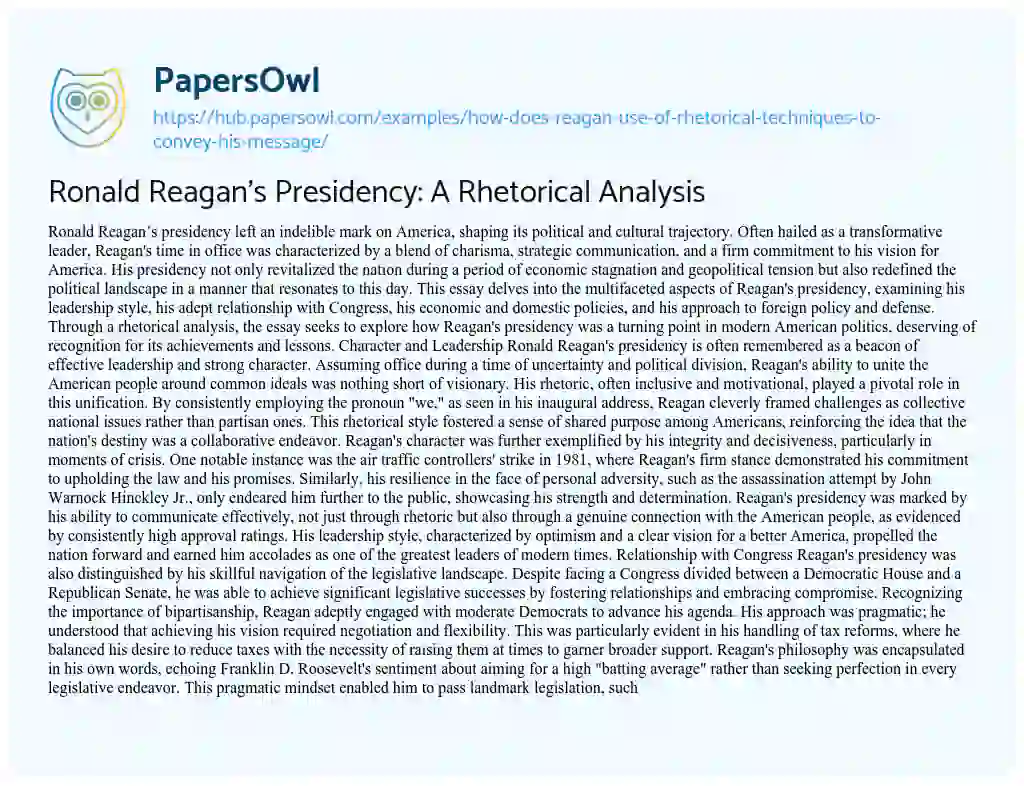 Essay on Ronald Reagan’s Presidency: A Rhetorical Analysis
