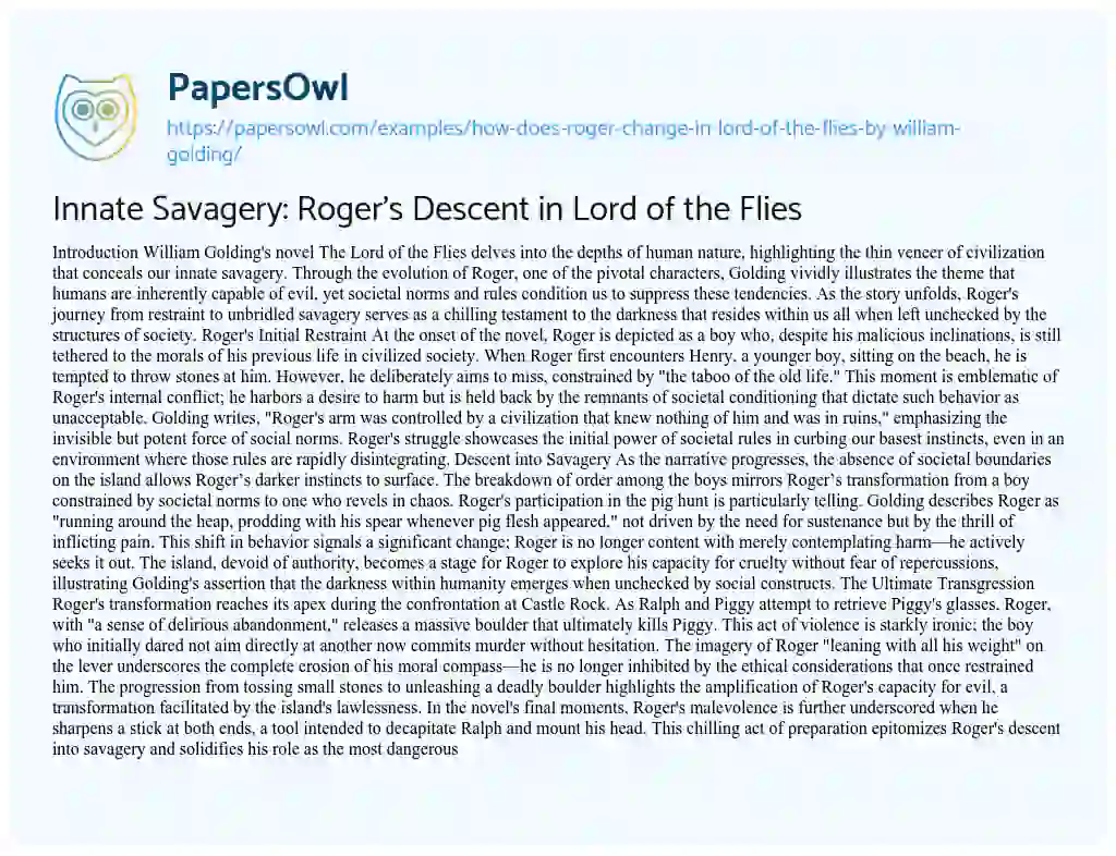 Essay on Innate Savagery: Roger’s Descent in Lord of the Flies
