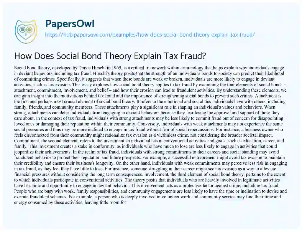 Essay on How Does Social Bond Theory Explain Tax Fraud?