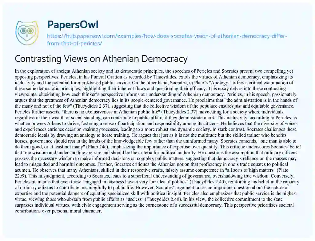 Essay on Contrasting Views on Athenian Democracy
