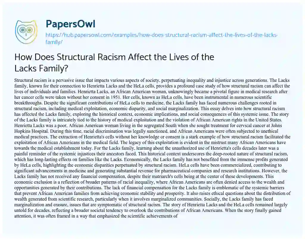Essay on How Does Structural Racism Affect the Lives of the Lacks Family?