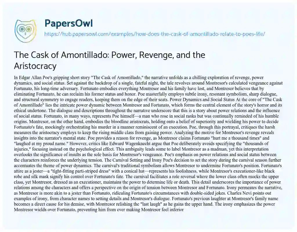 Essay on The Cask of Amontillado: Power, Revenge, and the Aristocracy