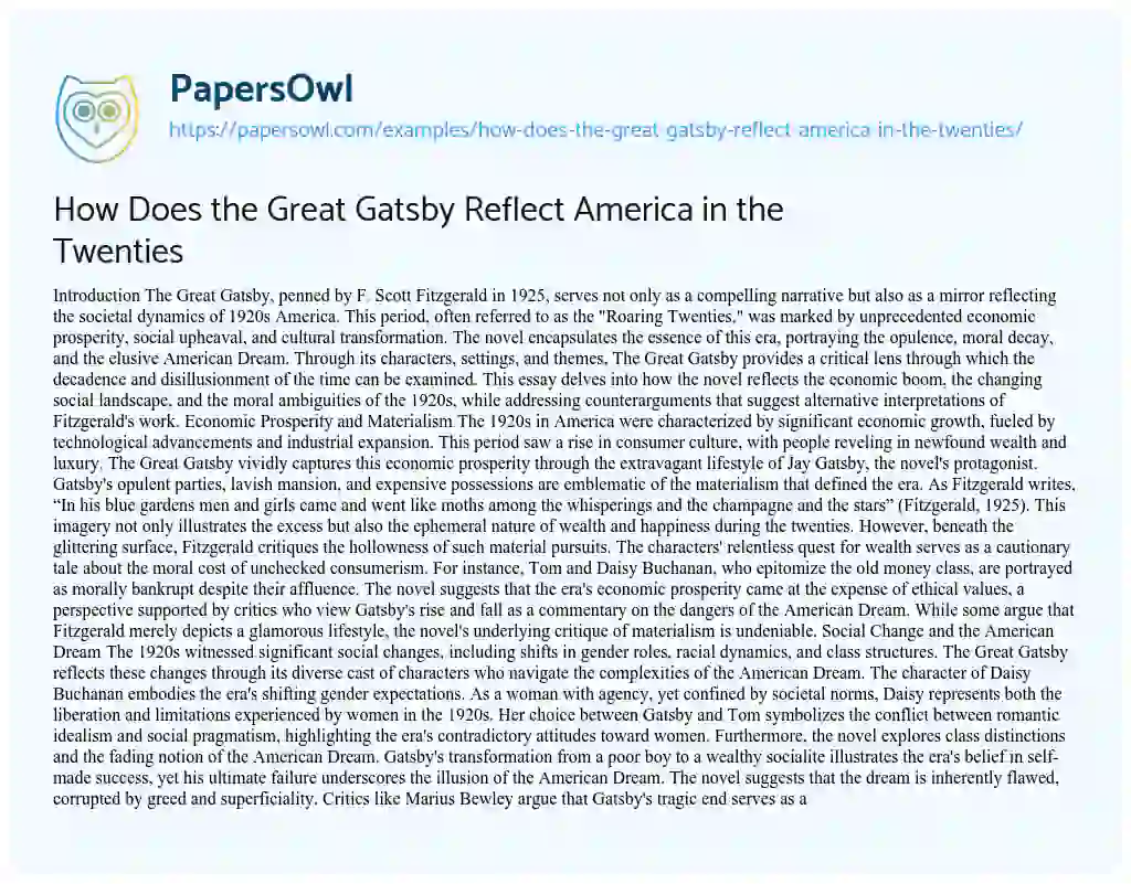 Essay on How Does the Great Gatsby Reflect America in the Twenties