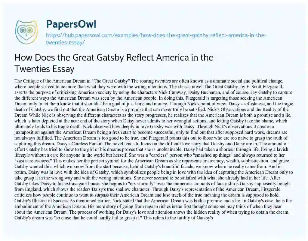 Essay on How Does the Great Gatsby Reflect America in the Twenties Essay