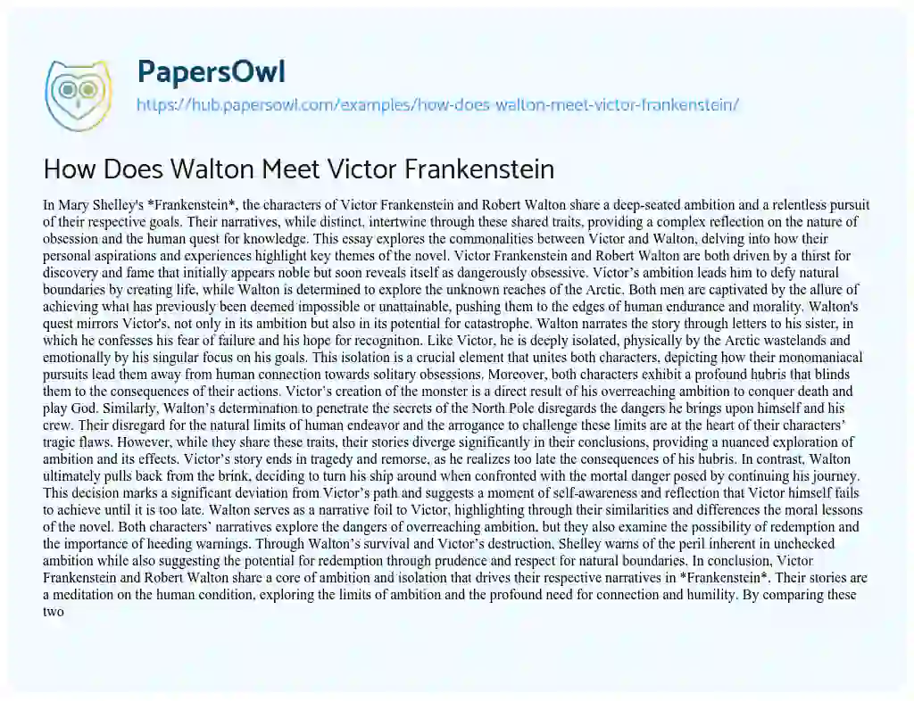 Essay on How Does Walton Meet Victor Frankenstein