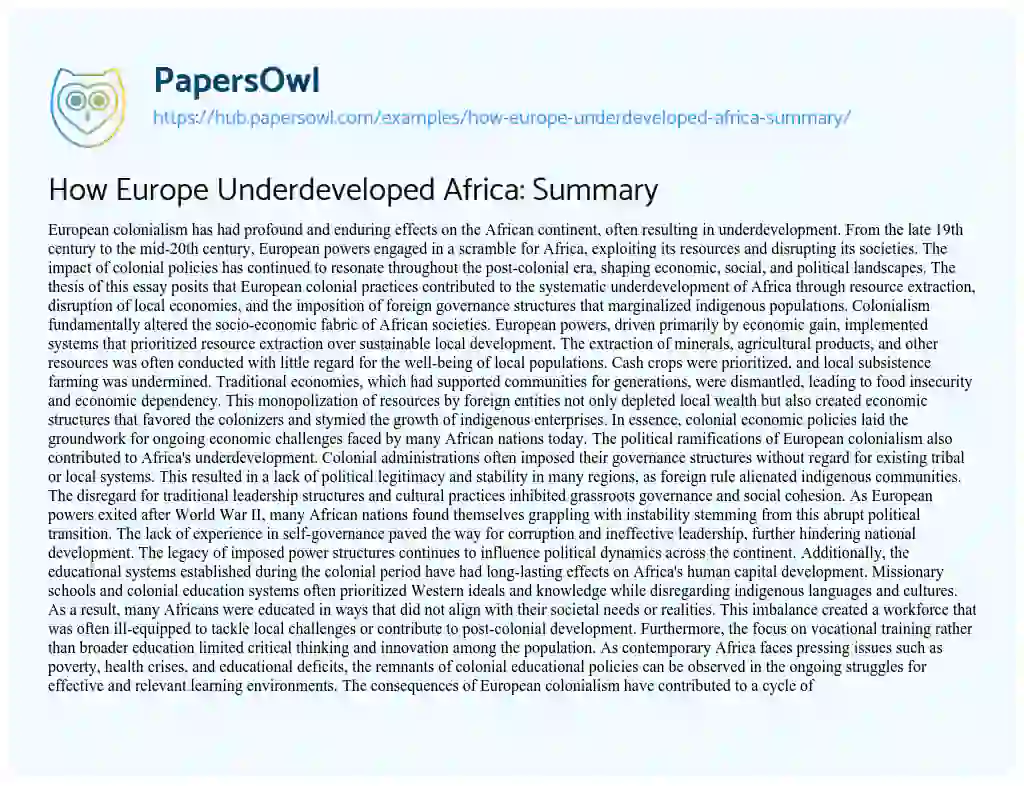 Essay on How Europe Underdeveloped Africa: Summary