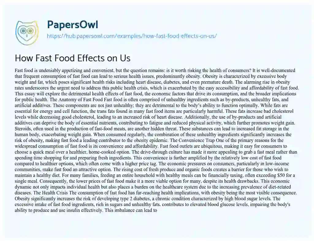 Essay on How Fast Food Effects on Us