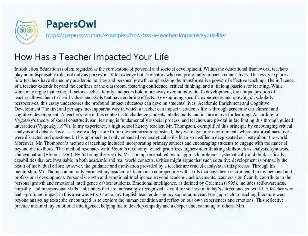 Essay on How Has a Teacher Impacted Your Life