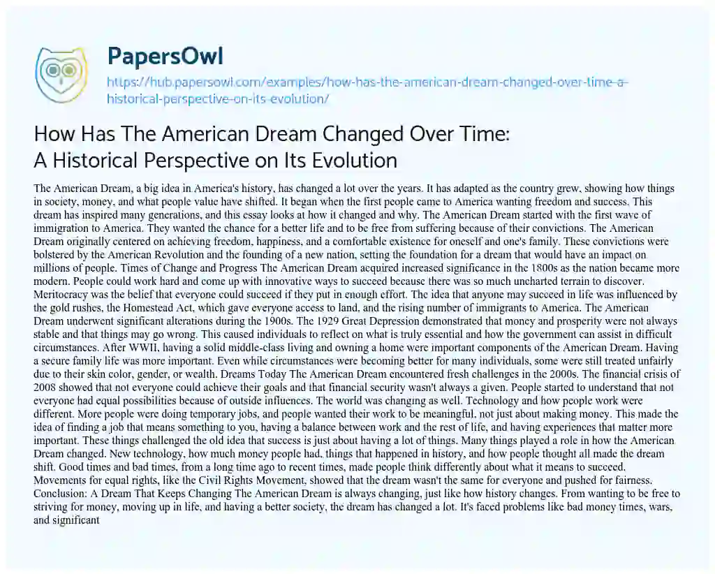 Essay on How Has The American Dream Changed Over Time: A Historical Perspective on Its Evolution