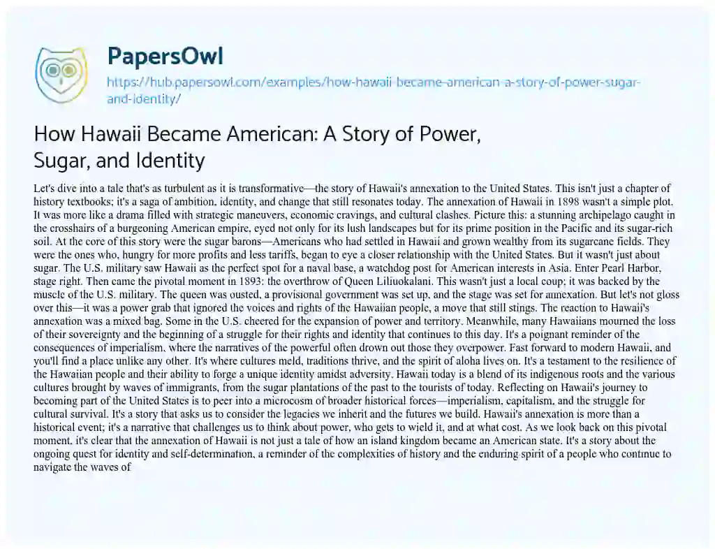 Essay on How Hawaii Became American: A Story of Power, Sugar, and Identity
