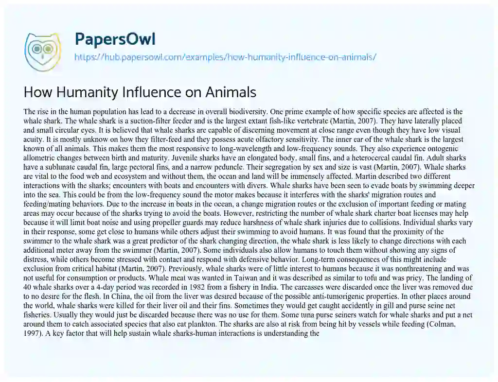 Essay on How Humanity Influence on Animals