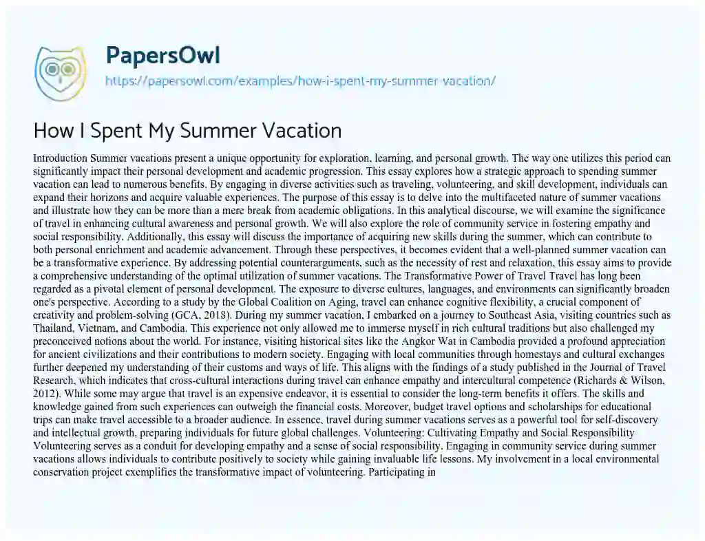 Essay on How I Spent My Summer Vacation