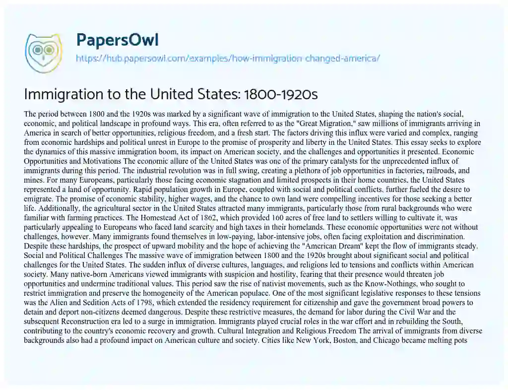 Essay on Immigration to the United States: 1800-1920s