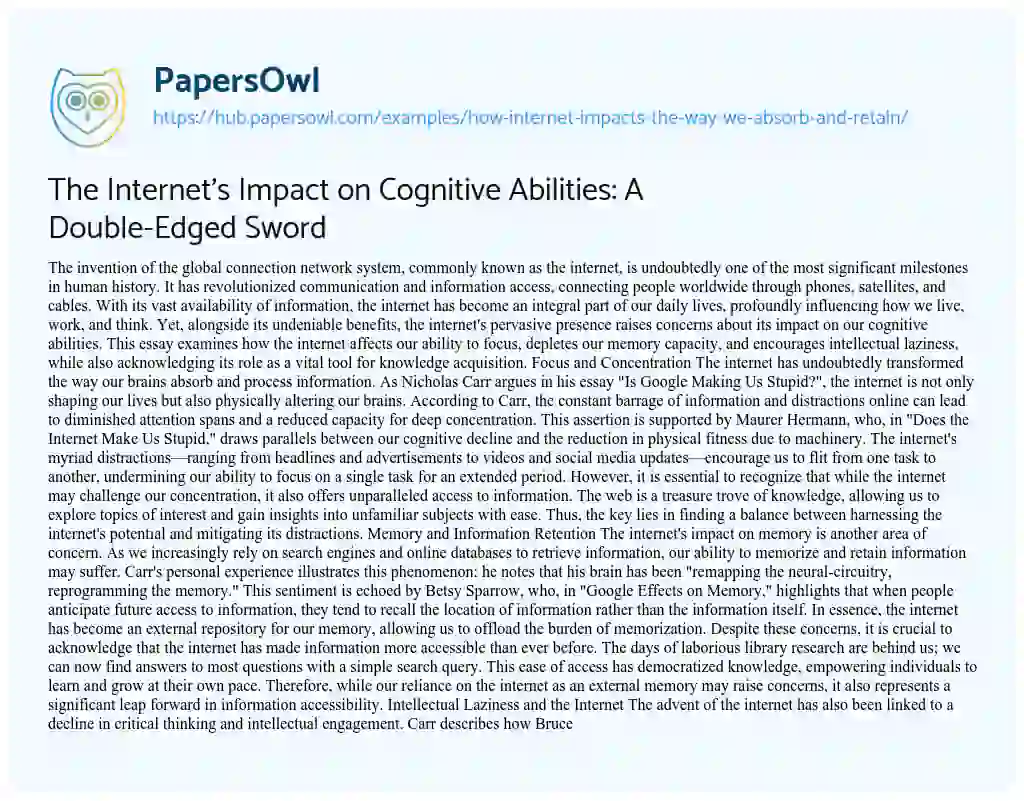 Essay on The Internet’s Impact on Cognitive Abilities: A Double-Edged Sword