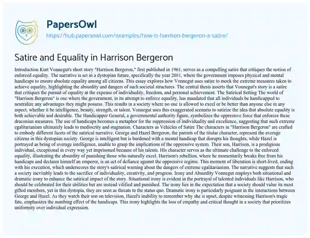 Essay on Satire and Equality in Harrison Bergeron