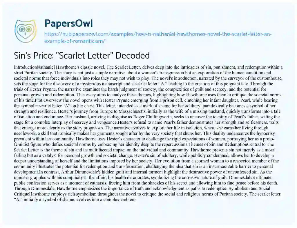 Essay on Sin’s Price: “Scarlet Letter” Decoded