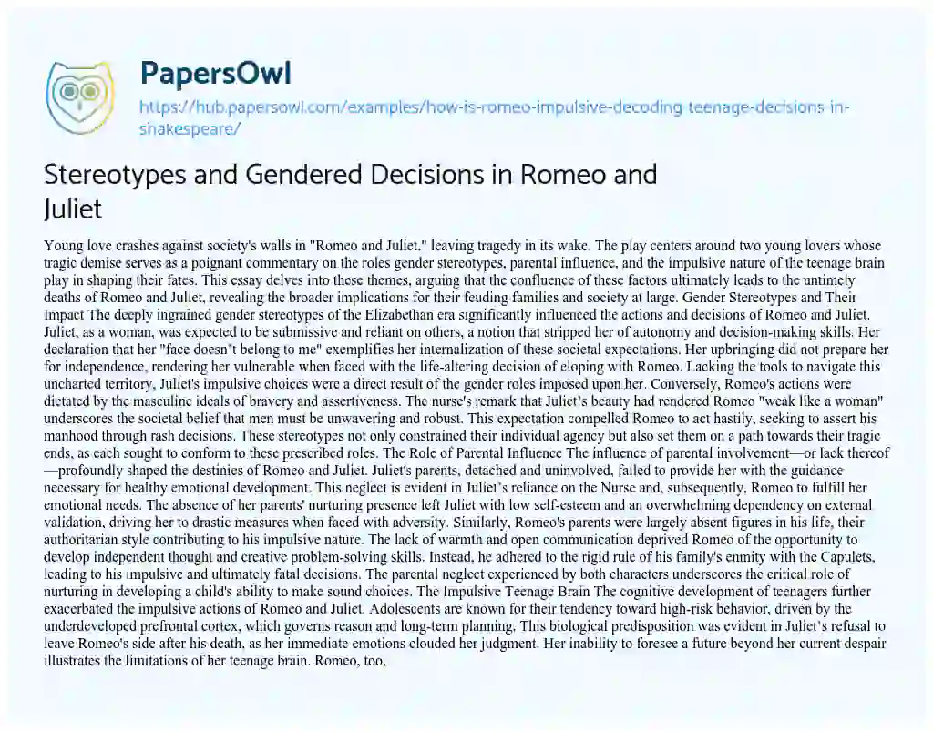 Essay on Stereotypes and Gendered Decisions in Romeo and Juliet