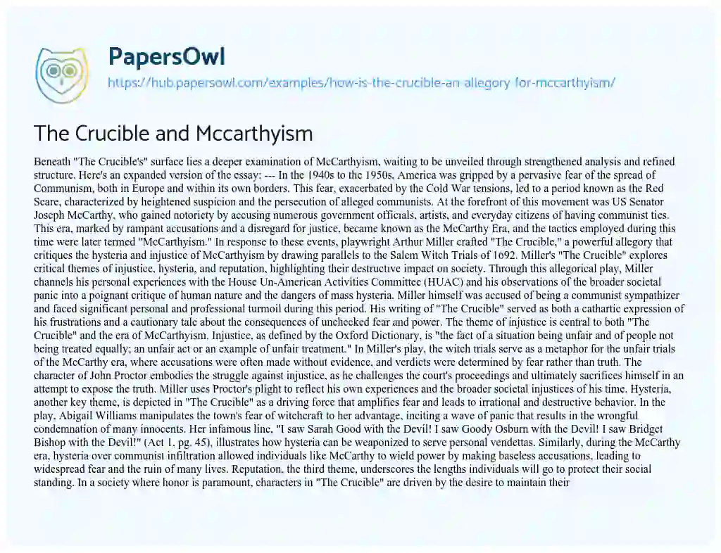Essay on The Crucible and Mccarthyism