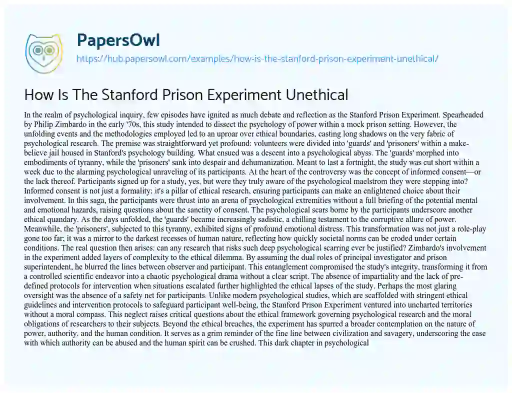 Essay on How Is The Stanford Prison Experiment Unethical